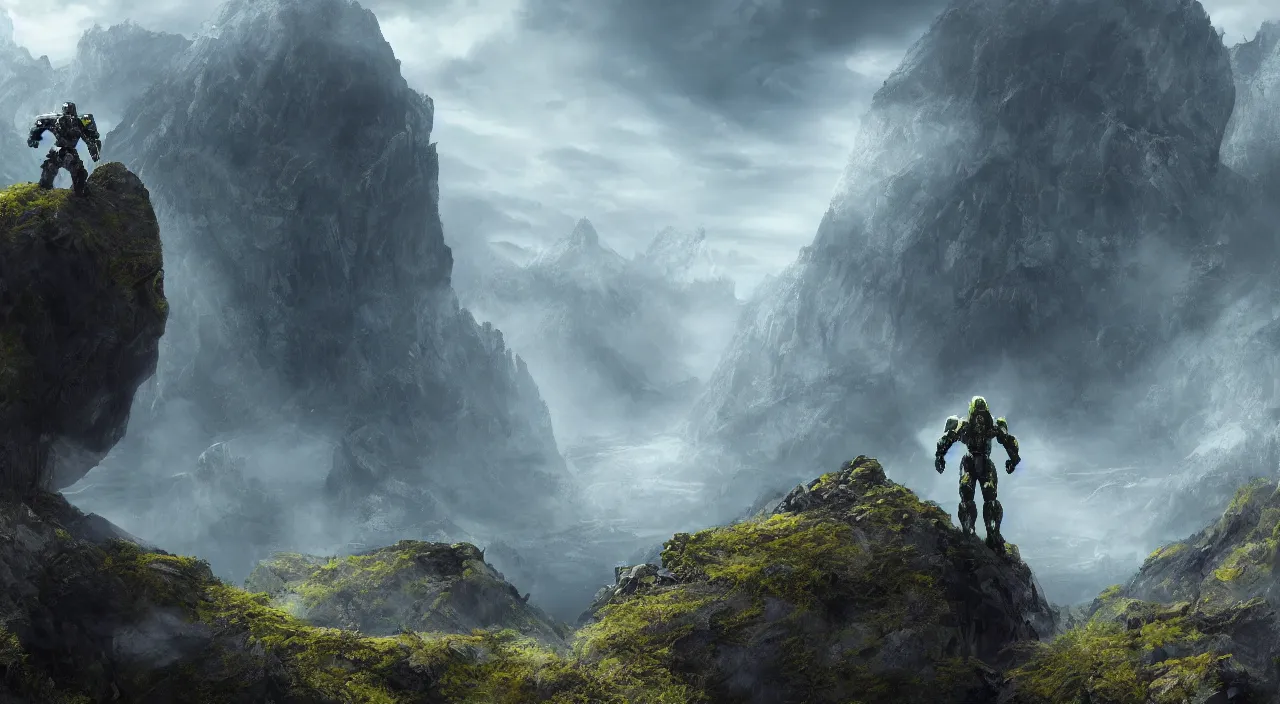 Prompt: Epic wallpaper of a zoomed out Master Chief standing on a cliff, award winning, digital art,, incredible quality, 4k, by Greg Ludkowksi