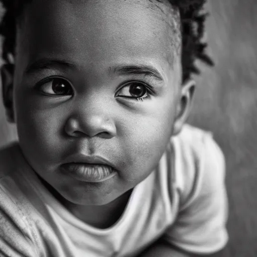 Image similar to the face of young chance the rapper at 1 years old, black and white portrait by julia cameron, chiaroscuro lighting, shallow depth of field, 8 0 mm, f 1. 8