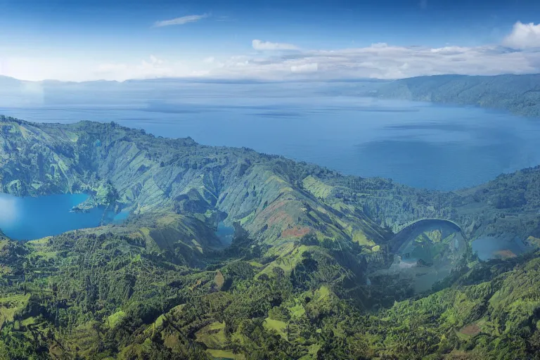 Prompt: digital concept art,aerial drone wide view of Lake Toba by Bernhard Edmaier,tectonics,islands,structural geology,photorealistic,unreal engine,8k
