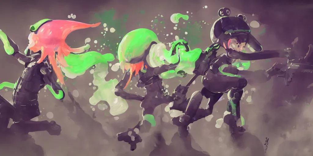 Image similar to splatoon nintendo one character digital painting no blur, concept art, character sheet nier automata 2 d, yoji shinkawa, yoshitaka amano, tsutomu niehi, cyberpunk, trending on artstation, featured on pixiv, hyper detail, cinematic composition, 8 k