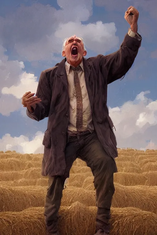 Prompt: an old man yelling at a pile of hay, realistic painting, symmetrical, highly detailed, digital painting, artstation, concept art, smooth, sharp focus, illustration, cinematic lighting, art by artgerm and greg rutkowski and alphonse mucha