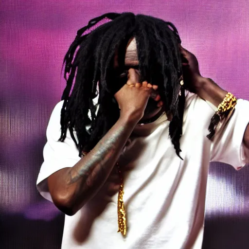 Prompt: photo of the rapper chief keef with his hair covering his face, performing on stage