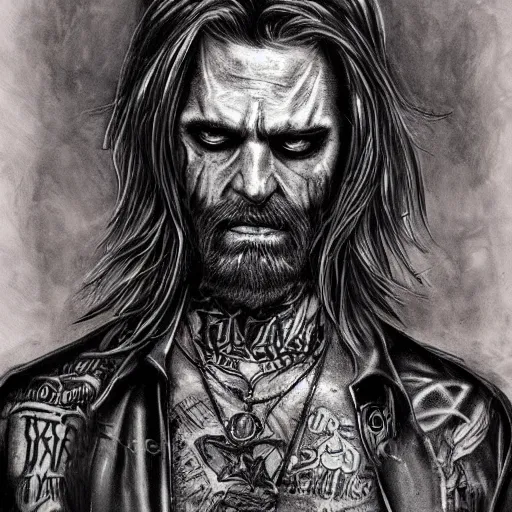 Image similar to portrait painting of an older tattooed biker with shaggy hair in a bar, sharp focus, ultra realistic, concept art, intricate details, eerie, highly detailed, photorealistic, dark, black and white, rpg art vampire the masquerade. art by josh timbrook