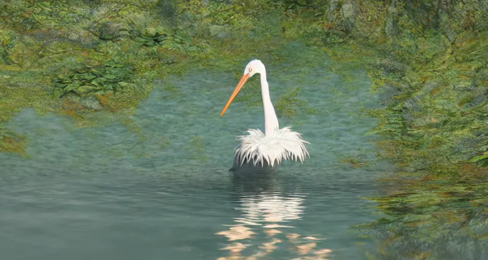 Image similar to A beautiful hyper realistic ultra detailed lifelike matte painting of a stork in a lake, unreal engine, deviantart, flickr, artstation, octane render, textured, colorful, extreme realistic detail, physically based rendering, pbr render, very detailed, volumetric lighting, detailed lighting, octane render, 4k, cinematic lighting, 8k resolution