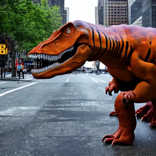 Prompt: a dinosaur staring at a person in a dinosaur costume, in the middle of a road in new york.