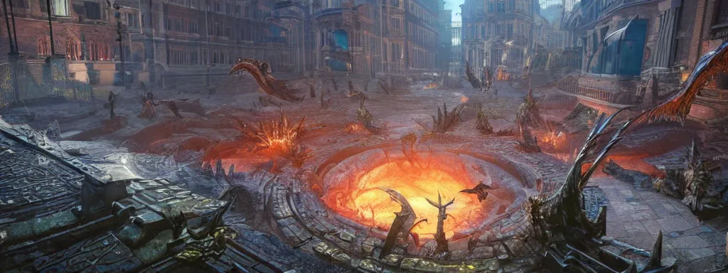 Prompt: large sinkhole in the middle of london westminster, with glowing spiked wyvern flying creatures emerging from the hole, in the style of monster hunter world, like concept art on artstation, hyperdetailed, vray render, octane render,