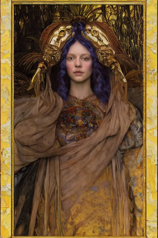 Prompt: coronation portrait of the last queen of the dawn mountains, by Donato Giancola and Annie Swynnerton and John Bauer and John William Godward and Vermeer, embroidered velvet, iridescent beetles, rich color, ornate headdress, flowing robes, lost runes, ancient civilizations, dramatic cinematic lighting, featured on Artstation, cgisociety, unreal engine, extremely detailed