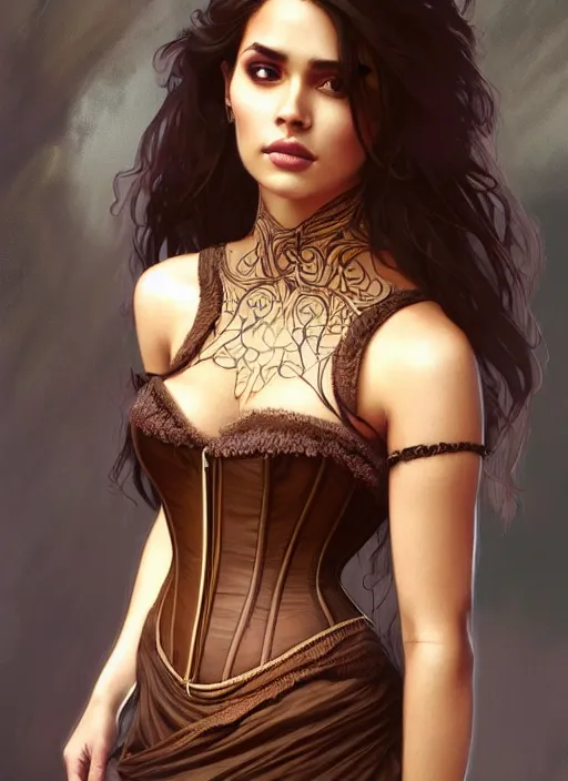 Image similar to cute brown woman wearing a translucent corset dress, fantasy, intricate, highly detailed, digital painting, artstation, concept art, wallpaper, smooth, sharp focus, illustration, art by artgerm and greg rutkowski and alphonse mucha