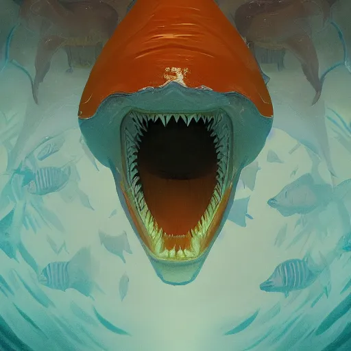 Image similar to orange and white traffic cone great white shark eyes and teeth teeth teeth teeth teeth, tyre mark, wide shot, underwater background detailed atmospheric - ron cheng & alphonse mucha, highly detailed, digital painting, ray tracing, concept art, illustration, smooth sharp focus, intricate, symmetry, artstation,