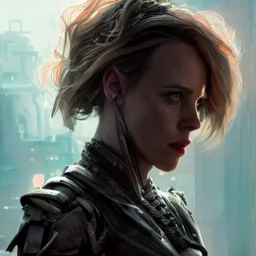 Prompt: rachel mcadams portrait, dystopia core, apocalyptic, armor, warrior, dramatic, sharp focus, fiction, neon, fantasy, hyper detailed, digital art, trending in artstation, cinematic lighting, studio quality, smooth render, unreal engine 5 rendered, octane rendered, art style and nixeu and wlop and krenz cushart