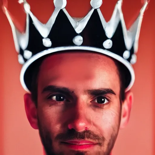 Image similar to man with a crown, smirk, photograph, black backgrounds, glowing red eyes, oil painting