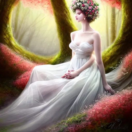 Prompt: a picture of a beautiful woman in a white organza dress and covered in flowers and leaves sitting sitting in an enchanted forest, high fantasy, elegant, epic, detailed, intricate, digital painting, concept art, realistic detailed face, smooth, focus, volumetric light and rim light,