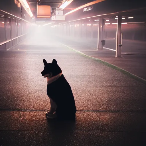 Prompt: high detail photo of a akita inu dog waiting alone at an empty foggy train station, orange glowing fog, desolate, atmospheric, hazy, 8k, reflections