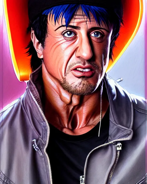 Image similar to well drawn animation portrait Anime skateboarder Sylvester Stallone Rambo, Sharp fine face, shaded Perfect face, fine details. Anime. cyberpunk realistic shaded lighting by katsuhiro otomo ghost-in-the-shell, magali villeneuve, artgerm, rutkowski Jeremy Lipkin and Giuseppe Dangelico Pino and Michael Garmash and Rob Rey