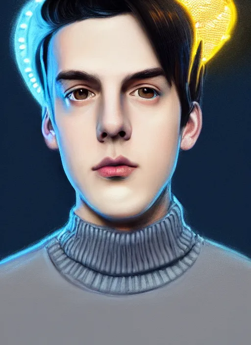 Image similar to portrait of teenage jughead jones wearing a light grey crown, crown, blue turtleneck, 1 9 5 0 s, closed eyes, photorealistic, black hair, glowing lighting, intricate, elegant, glowing lights, highly detailed, digital painting, artstation, concept art, smooth, sharp focus, illustration, art by wlop, mars ravelo and greg rutkowski