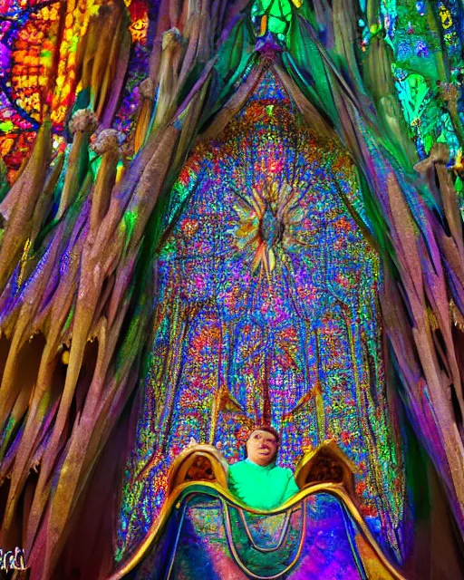 Image similar to King sitting in an iridescent throne designed by Gaudi (inspired by Sagrada Familia), bokeh, long shot