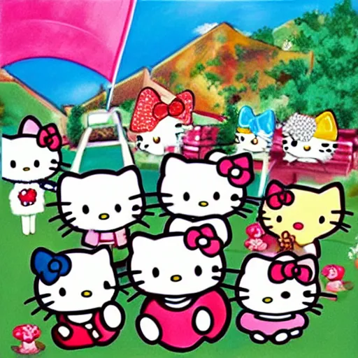 Image similar to painting of hello kitty and hello kitty friends and sanrio characters and playing outside on a sunny day, adventures of hello kitty and friends, by artgerm