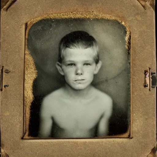 Prompt: underwater tintype photo of boy in a cave