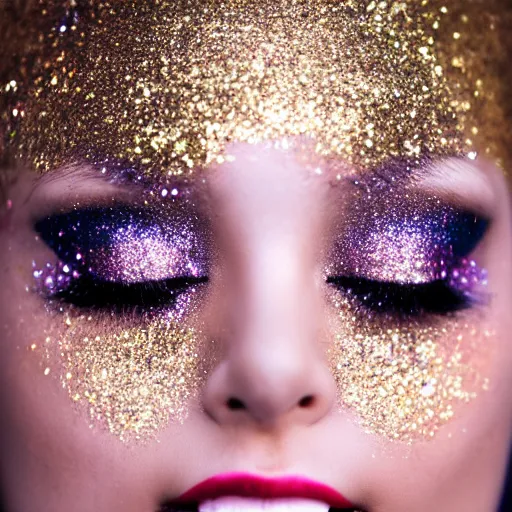 Prompt: Close-up of an angelic woman's face, wearing glitter. Photography, Canon.