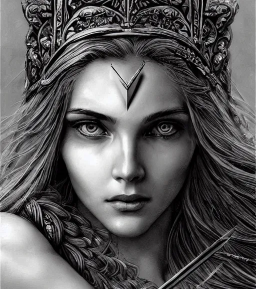 Image similar to beautiful aphrodite goddess wearing an arrow on her head, realistic face, beautiful eyes, black and white drawing, in the style of greg rutkowski, fantasy, amazing detail, epic, intricate, elegant, smooth, sharp focus