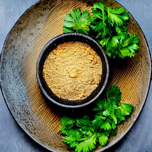 Image similar to a bowl filled with a pile of dirt, garnished with a parsley leaf, food photography, dslr