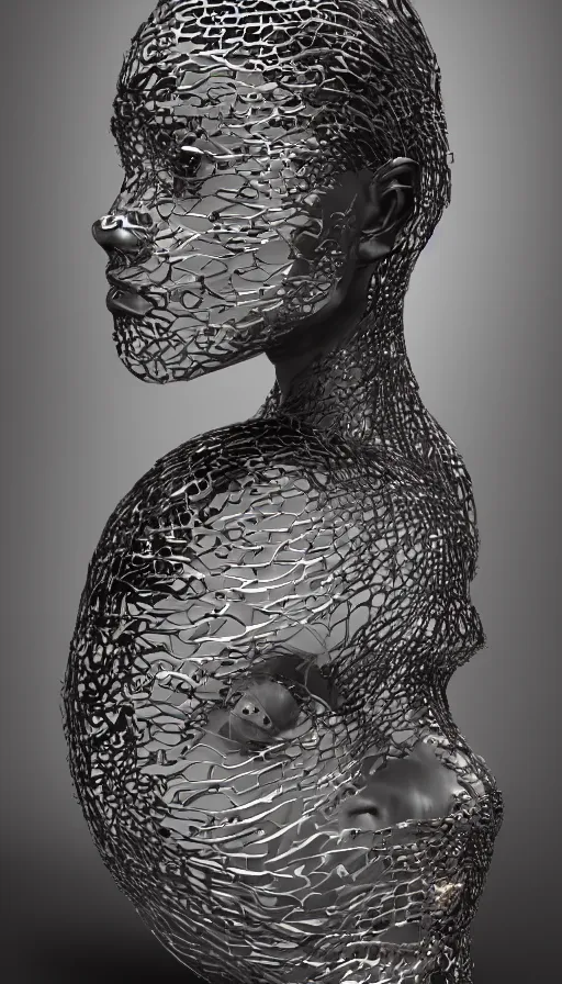 Image similar to a set of metal fire sculptures on woman face, a computer rendering by zaha hadid, polycount, kinetic art, made of liquid metal, airbrush art, hard surface modeling