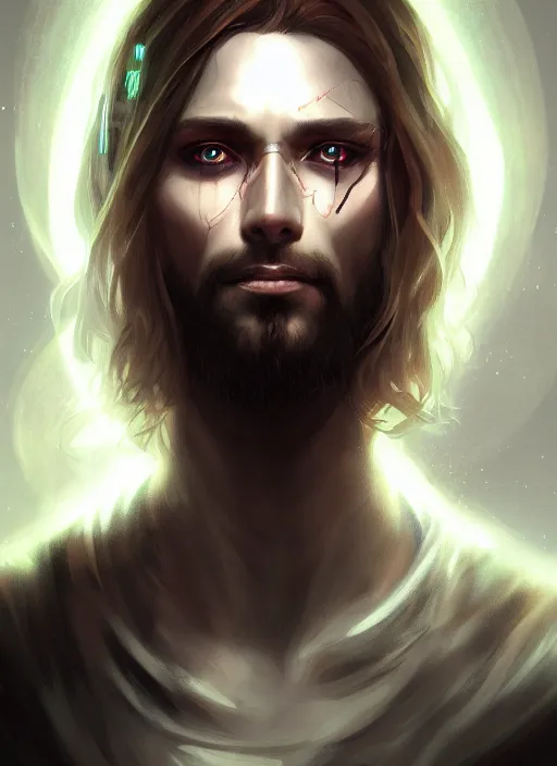 Image similar to « a portrait o cyberpunk jesus christ, glowing eyes, a digital painting by charlie bowater, featured on cgsociety, fantasy art, behance hd, wiccan, artstation hd »