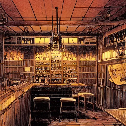 Prompt: interior of a 1 9 th century western american tavern, the bar, many bottles of wine, cimenatic, dramatic lighting, mystery and cool, ultra - wide view, westworld style, by moebius, katsuhiro otomo, tsutomu nihei, laurie greasley