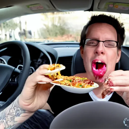 Image similar to food reviewer sitting in their car eating rotten flesh