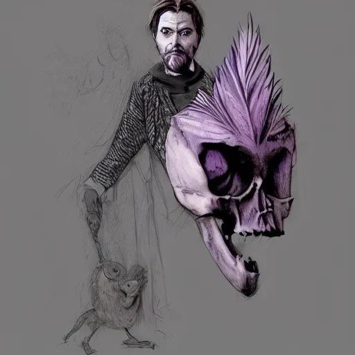 Image similar to a beautiful performance art of a man, with an animal skull for a head, and a large bird perched on his shoulder. the man is looking up at the bird with a fierce expression, and the bird is looking back at him with what seems to be an equally intense gaze. pale violet, concept art world by kuno veeber composed