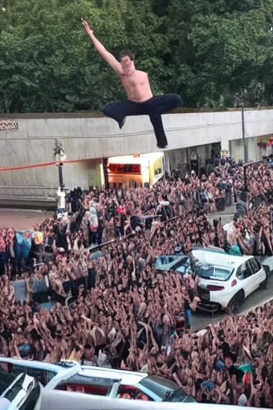 Image similar to a photo taken from a distance of police surrounding a man floating in the air with his hands up