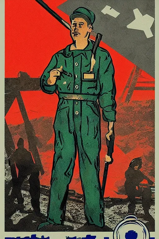 Image similar to “A metal detectorist in a Soviet propaganda poster, in the style of Dmitry Moor”