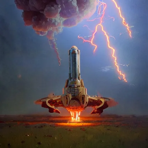 Image similar to a beautiful mothership stuck in the ground, the spaceship is on fire, smoke, rainstorm, lightning, angry, kinetic, john sargent, adolphe bouguereaum, norman rockwell, peter deligdisch, jama jurabaev, sachin teng, sergey kolesov, ruan jia, trending on artstation, highly detailed oil painting,