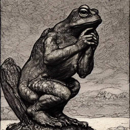 Prompt: toad philosopher toad in a pose The Thinker, swamp, by Auguste Rodin, illustrations by irish fairy tales james stephens arthur rackham, fairy tale illustrations, top cinematic lighting , cinematic mood, very detailed, shot in canon, 8k,