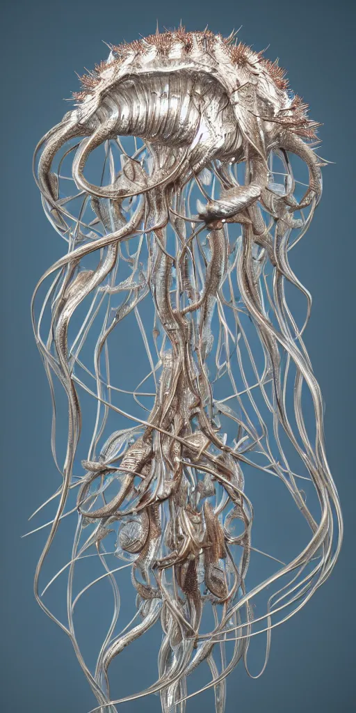Prompt: a photorealistic render of a metallic neotribal jellyfish sculpture, with thorns, made of liquid metal, c 4 d, by zhelong xu and ernst haeckel, wide angle, hyper realistic, plain background, 8 k, volumetric lightning, octane render
