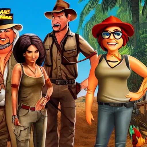 Image similar to still from the movie with Indiana Jones (played by Guy Fieri), Lara Croft (played by Linda Belcher) and Nathan Drake (played by Donald Duck), award-winning cinematography, 4k