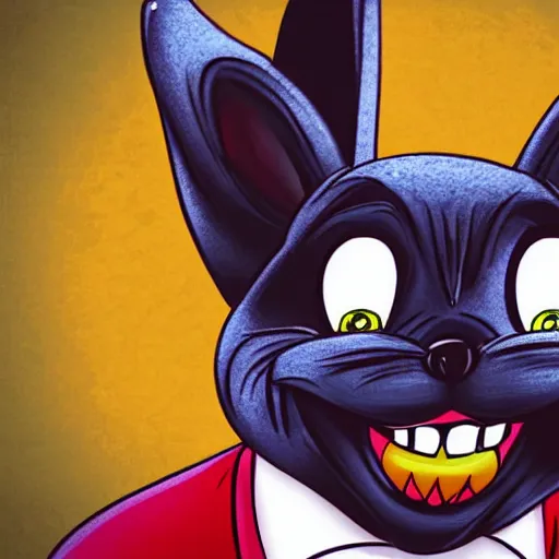 Image similar to A extremely highly detailed majestic hi-res beautiful, highly detailed head and shoulders portrait of a scary terrifying, horrifying, creepy maniacal crazy black cartoon rabbit with scary big eyes, earing a shirt laughing maniacally , let's be friends, in the style of a Walt Disney cartoon