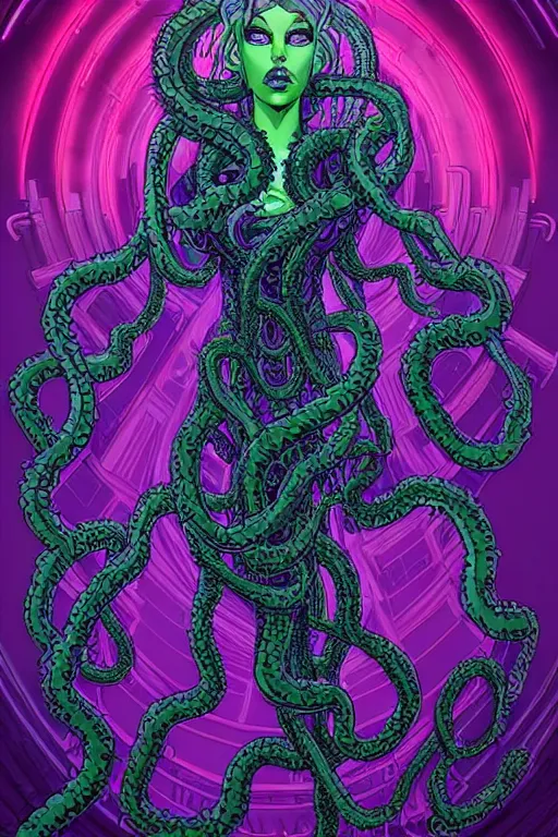 Image similar to Perfectly-centered Hyperdetailed symmetrical cinematic RPG portrait-illustration of a beautiful aetherpunk cyberpunk Medusa in a long neon-noir lovecraftian dress while her hair is made of huge ravepunk snakes. She's standing next to otherworldly towers in a surreal landscape with a cosmic horror blurred background, in the style of an epic sci-fi comic-book cover, 3D rim light, smooth digital art, sharp focus, 8K, masterpiece, Professional post-processing and HDR digital airbrush painting, Gsociety, ArtstationHQ, 3d final render, 3d shading, unreal 5, octane render, psychedelic highlights and overtones, dramatic, dynamic and atmospheric lighting, anamorphic lens.