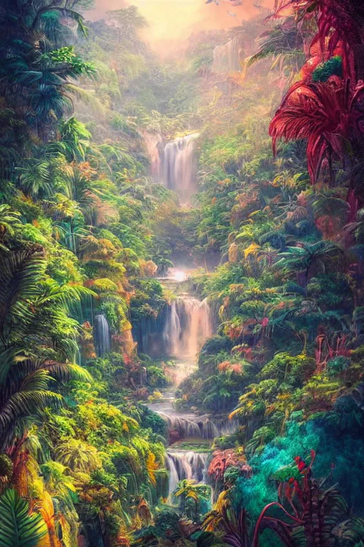 Image similar to aerial view of a colorful jungle with rivers and waterfalls, by artgerm, tom bagshaw, gerald brom, vaporwave colors, lo - fi colors, vaporwave, lo - fi, moody vibe, goth vibe, full body,