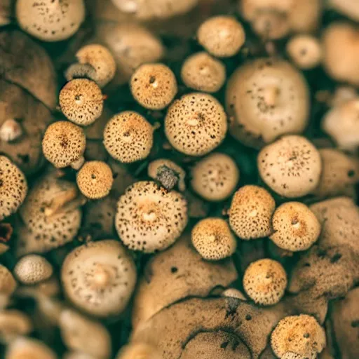 Image similar to a close up of a bunch of mushrooms, a microscopic photo by tarsila do amaral, macro photograph by eglon van der neer featured on shutterstock, ecological art, trypophobia, macro photography, provia