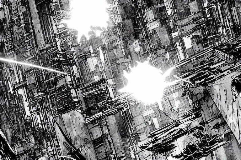 Prompt: detailed illustration of Killy firing a gravitational beam emitter, Tsutomu Nihei style, Koji Morimoto, Blame! brutalist architecture, dystopian cyberpunk