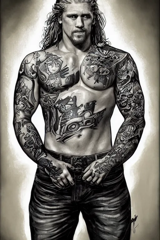 Image similar to Photorealistic Portrait of frontal standing pose torso of a very attractive buffed Jax Teller heavily tattooed. surrounded by magic lightings overlays, Intricate, concept art, magic lighting overlays, magical portal opened, D&D!, fantasy style, sharp focus!, ultra detailed, art by Artgerm and Peter Andrew Jones, WLUP, Magali Villeneuve