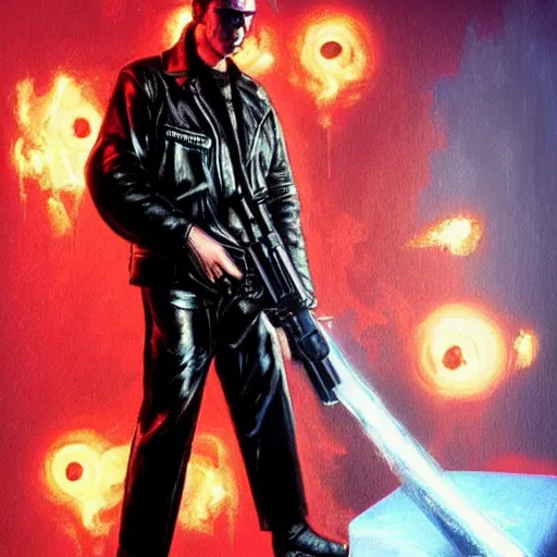 Prompt: The Terminator model 101 stands tall in club \'Tech Noir\' pointing an UZI 9mm sub machine gun at his targets forehead, The red laser sights can be seen through the dry ice. detailed, digital painting, artstation, concept art, smooth, sharp focus, illustration, art by artgerm and greg rutkowski and alphonse mucha