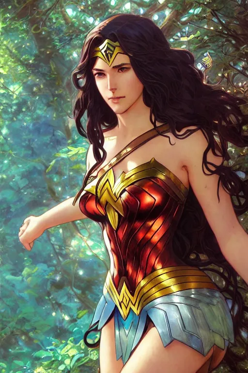 Image similar to anime key visual of a beautiful young female wonder woman intricate, magical forest, stunning, highly detailed, digital painting, artstation, smooth, hard focus, illustration, art by artgerm and greg rutkowski and alphonse mucha