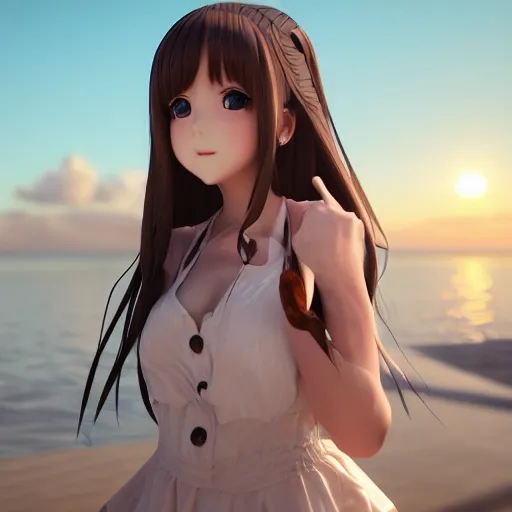 Prompt: ichinose honami, Render of a very beautiful 3d anime girl, long hair, hazel eyes, cute freckles, full round face, short smile, cute sundress, golden hour, serene beach setting, medium shot, mid-shot, highly detailed, trending on Artstation, Unreal Engine 4k