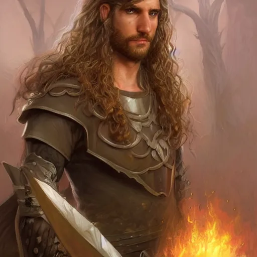 Image similar to portrait, handsome long - haired male fantasy paladin, blond, rpg game, stern expression, main character, highly detailed, digital painting, artstation, concept art, smooth, sharp focus, illustration, artgerm, tomasz alen kopera, peter mohrbacher, donato giancola, joseph christian leyendecker, wlop, frank frazetta