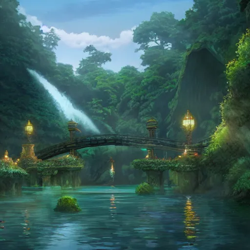 Image similar to an environmental concept art of rivendell by studio ghibli, environmental lighting, cinematic