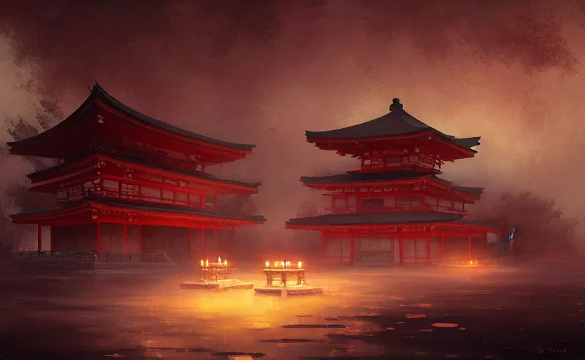 Image similar to painting of a Japanese temple with candles by Greg Rutkowski and Craig Mullins, Dark cold atmospheric sad and cinematic lighting, Trending on artstation