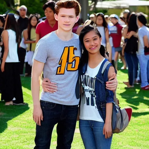 Image similar to Tom Holland with his arm around a beautiful Filipina college girl at Chapman University monument