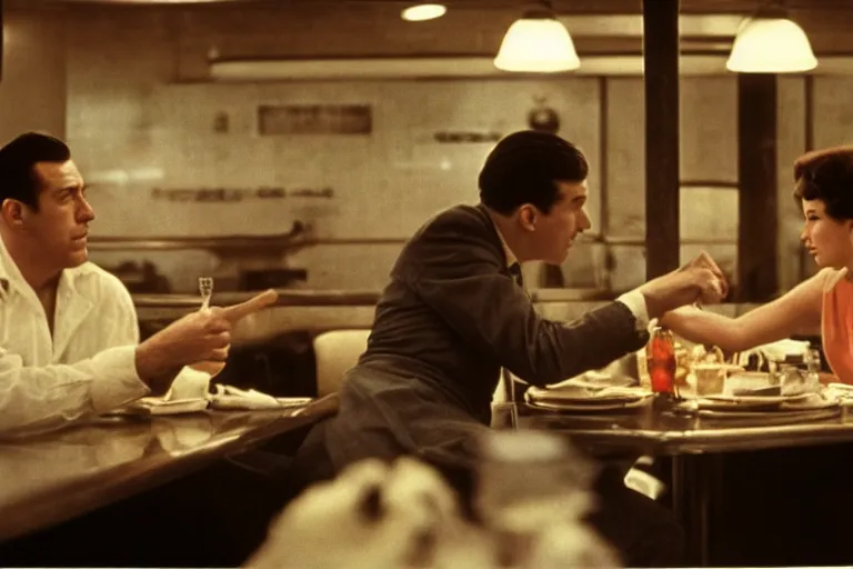 Image similar to beautiful couple arguing in a New York diner 1959s, by Roger Deakins